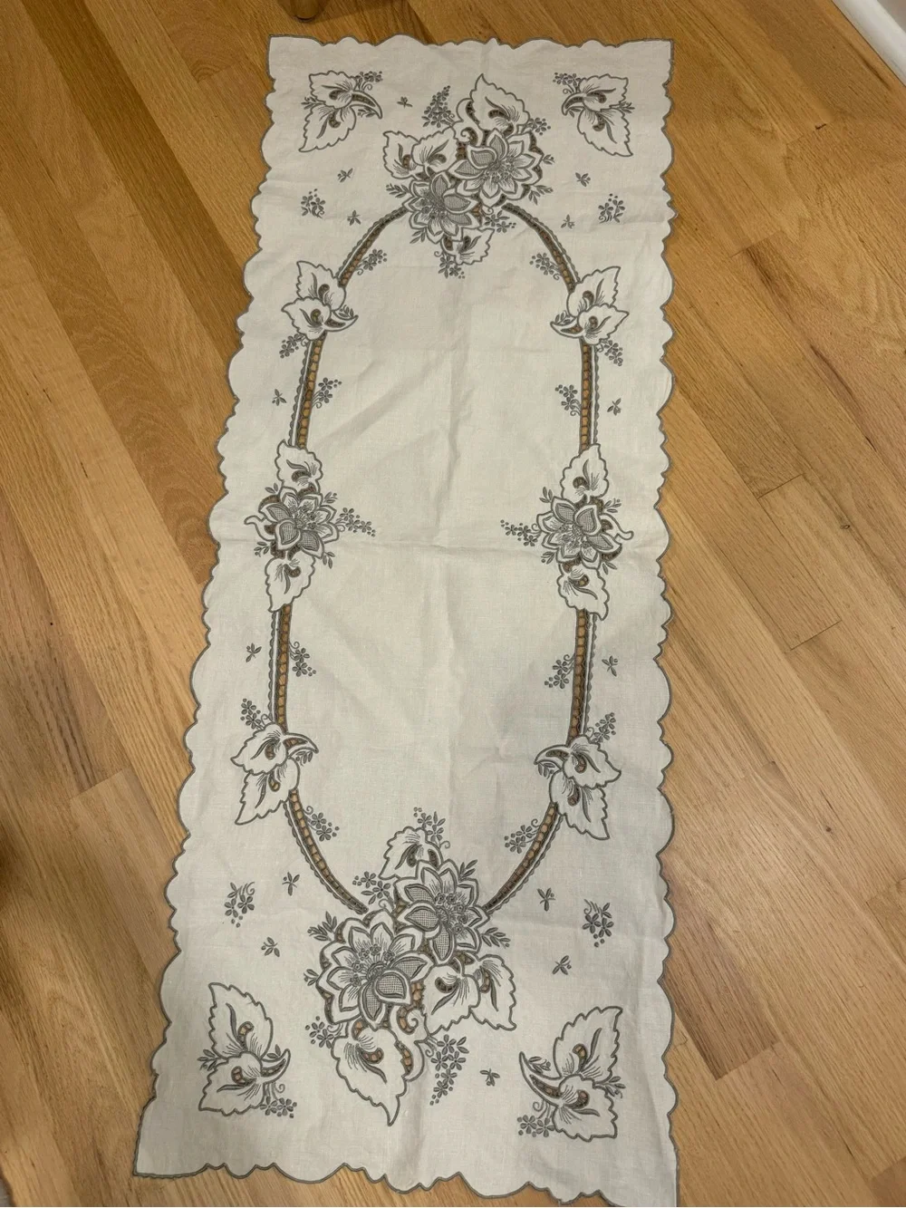 Elegant White Embroidered Linen Table Runner with Gray Floral Motif